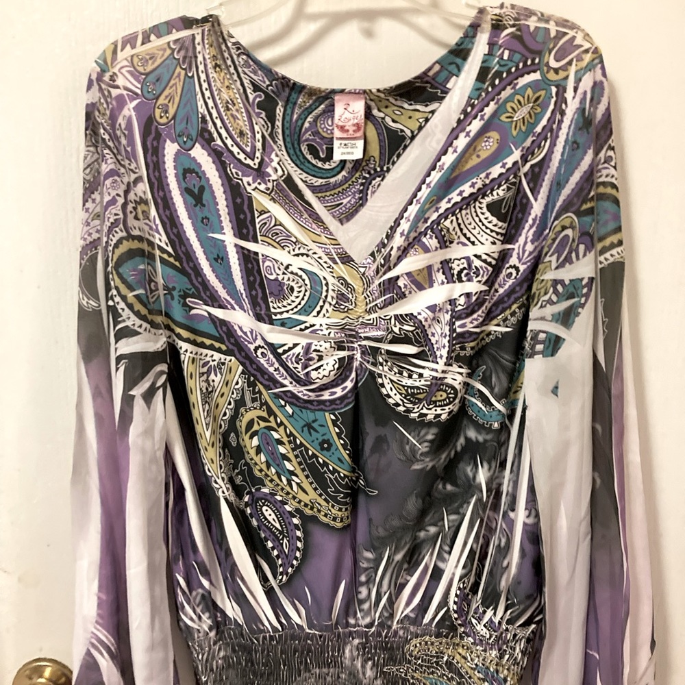 Gorgeous R.Rouge Made in the USA Size 2X Multi-Colored Top with Flare Sleeves